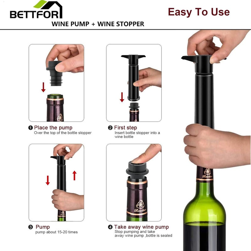 BETTFOR Wine Saver Pump with 4 Vacuum Wine Stoppers, Wine Bottle Stoppers with Food Grade Silicone Leak proof Keep Fresh Suitable for All Standard Wine Bottles - Image 4